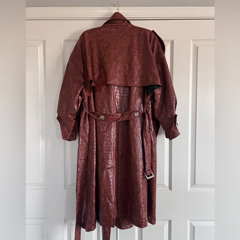 Nasty Gal Brown Oversized Faux Leather Croc Embossed Trench Coat XXL - Picture 3 of 12